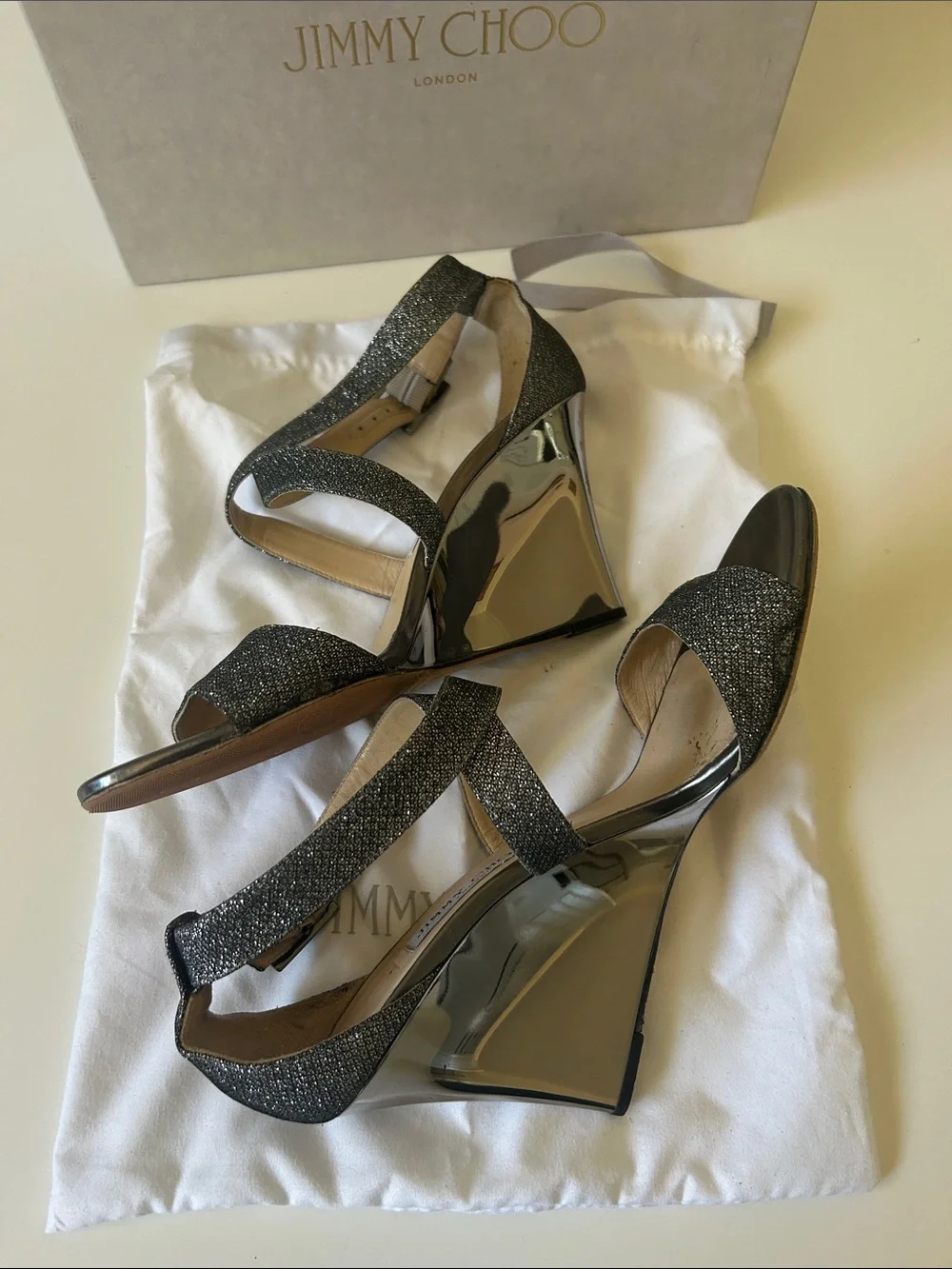 Jimmy Choo Black Glitter Strappy Ankle Sandals